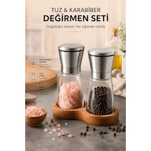Ahşap Standlı Cam Tuz Karabiber Değirmeni Paslanmaz Çelik Kapak 180 Ml Şeffaf 13 Cm 2'li Set
