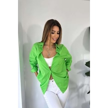 Pamuklu Poplin Kumaş Sırtı Yırtmaçlı Tasarım Kadın Gömlek Yeşil