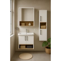 Dmz Home Concept Legna 80 Cm Beyaz-ahşap Renkli, Seramik Lavabolu, Alt - Üst Ve Boy Dolaplı Mdf Banyo Dolabı Seti