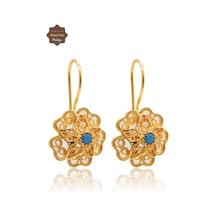 Firuze Taşlı Gül Model Gold Kaplama 925 Ayar Gümüş Telkari Kadın Küpe 201025491 Altın