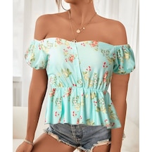 Munn Collection Kadın Kısa Kollu Madonna Yaka Çiçek Desenli Düğme Detay Gipeli Süprem Kumaş Bluz Yeşil