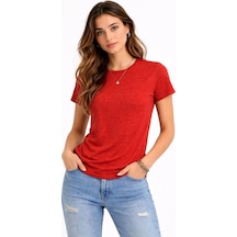 Kadın Flam Kumaş Melanj Dokulu Regular Fit Tişört Bisiklet Yaka Yazlık T-shirt - Kiremit