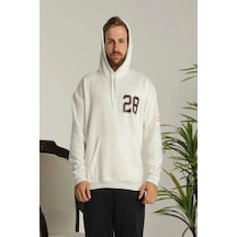 Erkek 3 İplik Pamuklu Kapüşonlu Baskılı Cepli Oversize Sweatshirt Hoodie - Beyaz