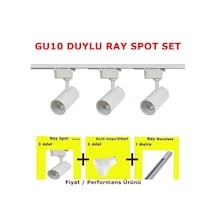 Mini Ray Spot 3'lü Set Gu-10 Duylu Beyaz Kasa Beyaz Işık 3 Spot Lamba + 1 Mt Ray + 3 Gün Işığı Gu10 Led Ampul