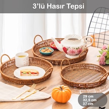 Porsima 710-c Yuvarlak 3'lü Hasır Tepsi Dekoratif Sunum Tepsisi