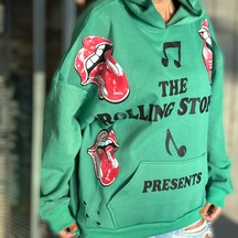 Yeşil Renk Üzeri Kırmızı Dil Desen Yazı Baskılı Oversize Sweatshirt Yeşil