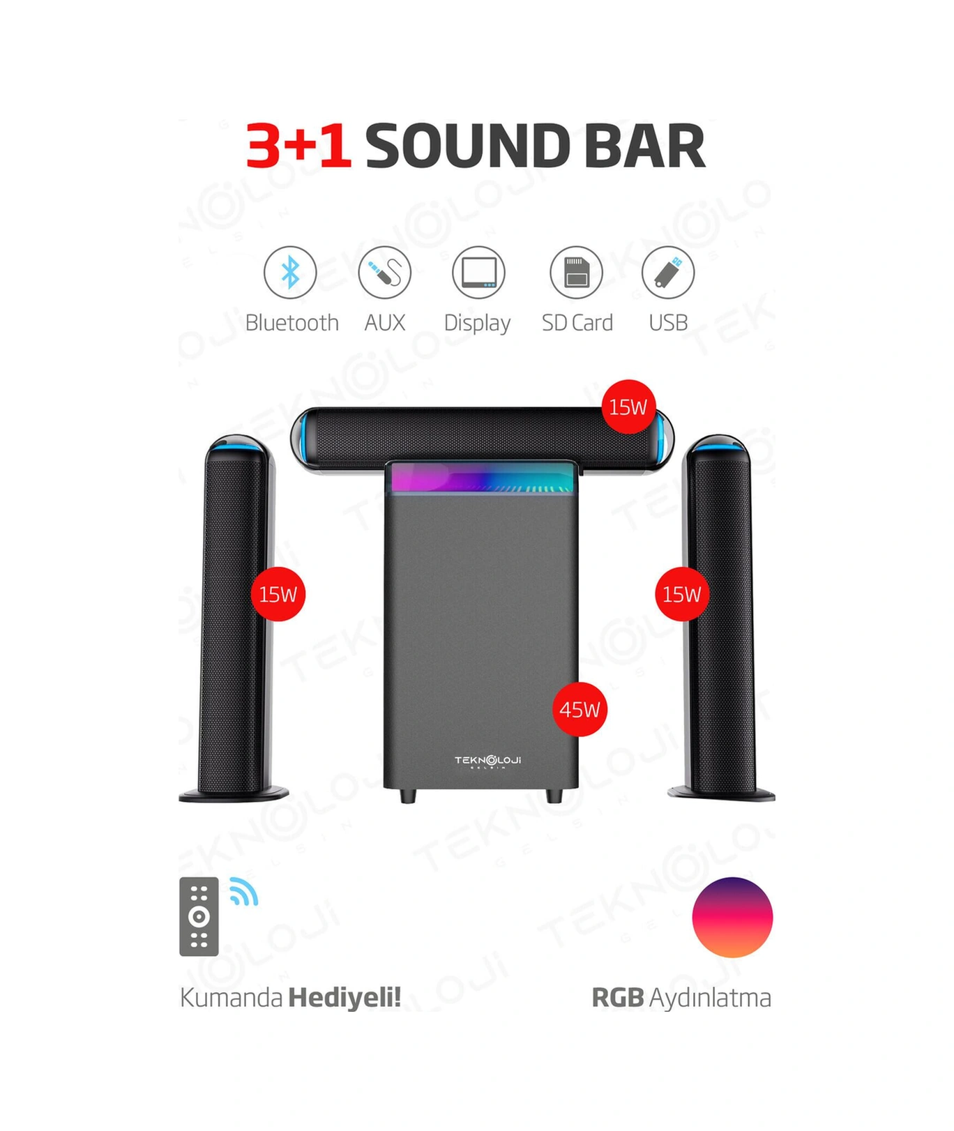 Hp-tv01 3+1 Soundbar Ev Sinema Sistemi Stereo Hd Ses Kalitesi Rgb Kablolu 45w Amfi 15wx3 Soundbar-115838