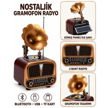 Nostaljik Gramofon Tasarımlı Radyo Bluetooth, Usb, Tf Kart, 3 Bant Ve Solar Şarjlı