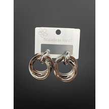 Gümüş Renk 316l Çelik Halka Küpe Modern Zincir Görünümlü Çift Halka Tasarım Gümüş