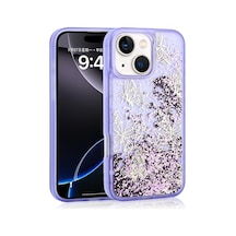Apple iPhone Uyumlu 15 Kılıf Kelebek Desenli Simli Sıvılı Kamera Yükseltili Silikon Pazarplus Mor