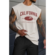 Cool Tarz Erkek Oversize Kolsuz Tişört %100 Pamuk California Baskılı Bisiklet Yaka Atlet Bej Bej