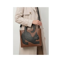 Levano Leather Hakiki Dana Derisi Premium Siyah Kedi Figürlü Kadın El Ve Omuz Çantası taba