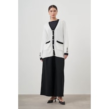 Mizalle Şeritli Rayon Ekru Hırka Ekru