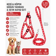Kar Tanesi Desenli Kedi Ve Köpek Göğüs Tasması Sevk Kayışı Seti Xs-s 24-36 Cm 120 Cm - Kırmızı Çok Renkli