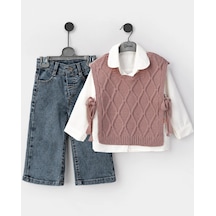 Eray Alp Kids Kız Çocuk Pembe Triko Yelekli Gömlek Ve Kot Pantolon Kombin Takım Pudra