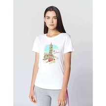 Watercolor Clock Tower London Kadın Beyaz Tshirt