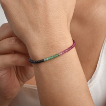 14k Altın Kaplama Gümüş Doğal Multi Safir Fasetli Taşlı Renk Geçişli Gümüş Bileklik- Bgs00110