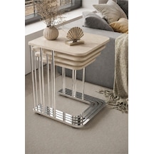 Renlife Zigon Sehpa Takımı 4'lü Metal Tekerlekli Mdf Modern Salon Oturma Odası Sehpası Krom Traverten
