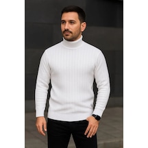 Erkek Balıkcı Yaka Bağazlı Triko Kazak Pamuklu Kalın Fitilli Dokuma, Regular Fit Uzun Kollu Kışlık Model - Beyaz Beyaz - Saks Mavi