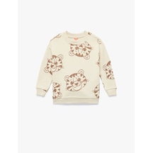 Koton Kaplan Baskılı Uzun Kollu Bisiklet Yaka Şardonlu Sweatshirt Bej Desenli 6wmb10165tk Ekru Desenli