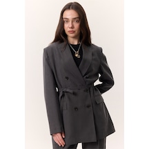 Manuka Tencel Kemerli Kruvaze Blazer Ceket Antrasit Antrasit