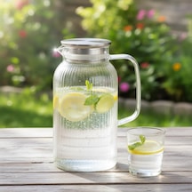 Silikon Fitilli Borosilikat Cam Sürahi 2000 Ml - Metal Kapaklı, Isıya Dayanıklı, Süzgeçli Şef