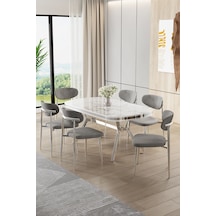 Canisa Olya Serisi 90x168 Lak Panel Beyaz Mermer Desen Masa Takımı Krom Ayaklı 6 Gri Sandalye Masa Beyaz Mermer Gri Sandalye