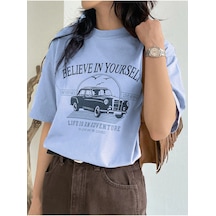 Believe In Yourself T-shirt - Bebe Mavisi Baskılı Oversize Bisiklet Yaka Kısa Kol Tişört Bebe Mavisi