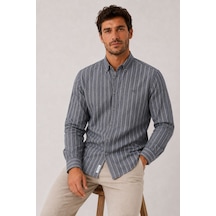 Slim Fit Uzun Kol Çizgili Cepsiz Keten Likra Hediye Kutulu Erkek Gömlek Fs-004579 - Lacivert-3327