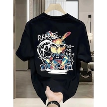 Freedom Storee Erkek T-shirt Tavşan Baskılı Kısa Kollu Tişört - Siyah Çok Renkli