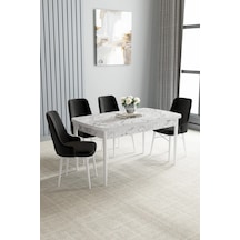 Familieconcept Zümra Serisi, Beyaz Mermer Desen 80x132 Açılabilir Mdf Mutfak Masası Takımı 4 Adet Sandalye Siyah