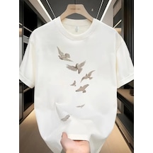 Modi Baskılı Oversize Bisiklet Yaka T-shirt - Beyaz - Mymg158938