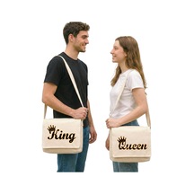 King Queen 1 Sevgili Çift Postacı Çantası Kanvas Krem Kanvas Postacı Çantası