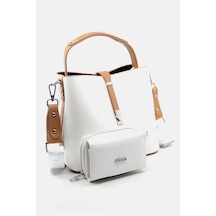 Just Polo Kadın Beyaz Camel Orta Boy 3 Bölmeli Omuz Çantası Ve Cüzdanı Kombin Mh4002mh Beyaz - Camel