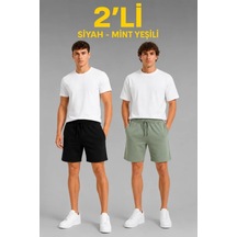 Efnaz Style Erkek 2li Pamuklu Şort 3 İplik Şardonsuz Yazlık Cepli Lastikli Bağcıklı - Siyah - Mint Yeşili Çokrenkli