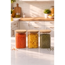 Porsima 6-3 Bambu Vakumlu Kapaklı Kare Borsilikat Cam 3lü Kavanoz Seti Saklama Kabı 1250ml 9,5x15cm Ahşap - Şeffaf