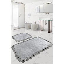 Gülruba Köşeli Gri Çeyizlik Dantelli 2'li Banyo Paspası Seti Kaymaz Tabanlı Klozet Takımı