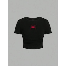 Tarzsokak Basit Kırmızı Örümcek Baskı Kırpma Üstleri Yaz Sokak Moda Kadın Slim-fit T-shirt Rahat Yumuşa Siyah