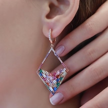 Renkli Baget Taşlı Rose Gold Kaplama Gümüş Küpe Gümüş