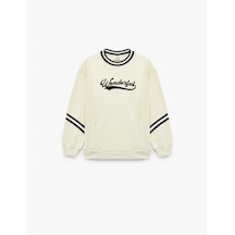 Koton Şardonlu Uzun Kollu Bisiklet Yaka Dantel Detaylı Baskılı Oversize Sweatshirt Bej 6wkg10179ak Ekru