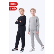 Fyk Kids 3 İplik Düz Erkek Çocuk Çift Cepli Bisiklet Yaka 2'li Eşofman Takımı Siyah-gri