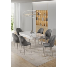 Canisa Rada Serisi 80x132 Açılabilir Lak Panel Beyaz Mermer Desen Masa 6 Gri Sandalye Krom Detay Masa Beyaz Mermer Desen Sandalye Gri