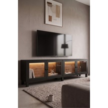 Yurudesign Yoda Temperli Cam Kapaklı Neon Led Işıklı Tv Ünitesi Tv Sehpası Vitrin Ahşap Ayaklı Sepet-siyah Yd14-sb