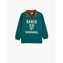 Koton Gömlek Yaka Sweatshirt Baskı Detaylı Uzun Kollu Yeşil 5wkb10403tk Yeşil