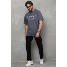 Erkek Kısa Kol Yazlık Tişört Bisiklet Yaka Baskılı Oversize T-shirt - Füme