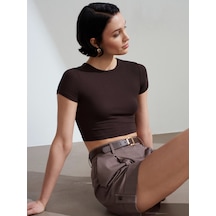 Dilvin 31104 Crop T-shirt-koyu Kahve Kahverengi