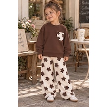 Çiçek Desenl Kız Çocuk Kahverengi Sweatshirt & Eşofman 3ip Alt Üst Takım