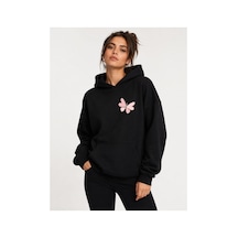 Herkesemoda Kelebek Baskılı Kapüşonlu 2 İplik Şardonlu Sweatshirt Siyah