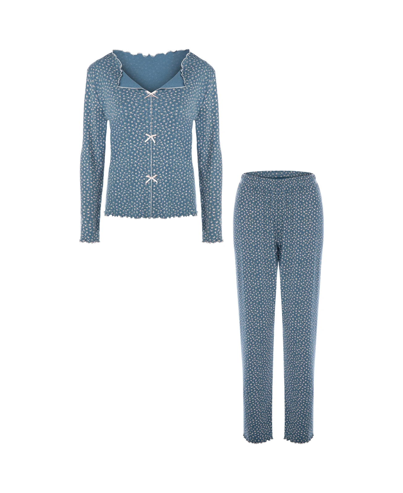 Kadın Pamuklu Çıtır Çiçek Desenli Baby Overloklu Fiyonk Detaylı Uzun Kollu Pijama Takımı Hko70142 Mavi - Pudra