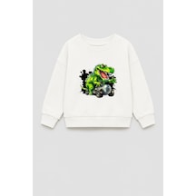Monila Erkek Çocuk 3 İplik Kumaş Dinozor Baskılı Pamuklu Sweatshirt Ekru